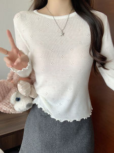 เสื้อเชิ้ตแขนยาวบางแบบมีรูพร้อมขอบลูกไม้สำหรับผู้หญิง เสื้อคลุมกันแดดฤดูใบไม้ผลิใหม่ สีขาว คอตั้ง เสื้อถักเข้ารูป