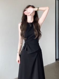 XIAOQIAOJIA | French Hepburn Style Black Round Neck Sleeveless Vest Dress Summer Unique Design Beautiful Waist-Cinching Long Skirt