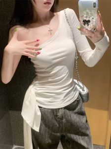 GUZILIAN | French Style Off Shoulder White Vest Women Early Spring Design Sensation Asymmetrical Slimming Sash Long Sleeve T Shirt Top