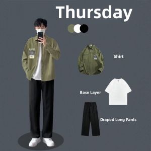 Trendy Mens Long Sleeve Shirt Casual Loose Fit Collared Outerwear Spring Autumn Solid Color Youth Popular American Style