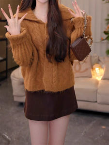 YUEZHONGWEI | French Collar Caramel Color Cable Sweater Cardigan Loose Casual Style