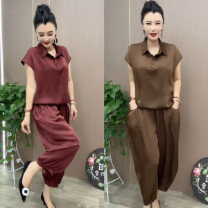 Bộ Thời Trang Thanh Lịch Cho Nữ Mùa Hè 2024 Mới Đảo Chiều Màu Trơn Giảm Béo Mẹ Trung Niên Tay Ngắn + Quần Dài 2 Bộ