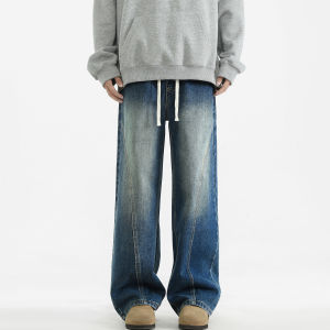 Trendy Casual Mens Denim Jeans Summer New Loose Retro American Wide Leg Long Pants Youth Popular Cotton Polyester Blend