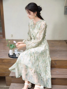 XIANGYING | Đầm Hoa Dạng Dài Tay Elegance Kiểu Trung Quốc Đỡ eo