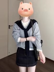 Grey Lazy Knitwear Hoodie Unique Stylish Exclusive Autumn College Style Softer Loose Fit round Neck Polyester Yarn Girls Top