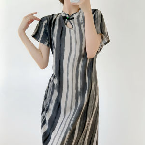 New Chinese Style Silk Sleepwear Womens Summer Long Dress Qipao Style Printed Casual Home Clothes Thin Short Sleeve Maxi Dress