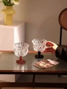 KEMORELA 1/2PCS Retro Embossed Tall Glass Cup Whiskey Mugs Black Crystal Home Creative Coffee Ice Cream Yogurt Dessert Goblet
