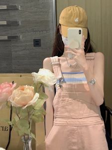 Pink Denim Suspenders Womens Summer New Arrival Small Loose Retro Casual Straight Cargo Light Color Jumpsuit