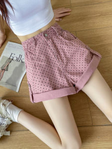Sweet Pink Polka Dot Denim Shorts Womens Wrap around High Waist A-Line Hot Pants Summer Casual Wide Leg Pants Breathable