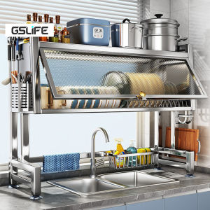 GSlife Over Sink Dish Rack Stainless Steel Dish Drying Rack with Cover Rustproof Large Capacity Kitchen Dish Organizer