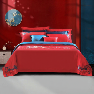 FUANNA (富安娜) | Bộ Đồ Chăn Ga Gối 6 Món Cotton Sợi Dài Màu Đỏ Sáng 60 Chiếc