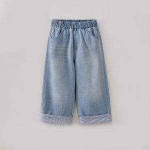 Marc&Janie | Fresh Plaid Rolled-up Girls Wide Leg Jeans Autumn New