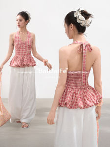 BAIDAIFEI | Pink Dots and Grid Halter Neck Vest Womens Summer Outwear Conceal Side Bust Enhance Back Beauty Sleeveless Top