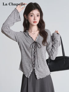 เสื้อยืดคอกว้างแขนยาวถักสีเทา La Chapelle สำหรับผู้หญิง ฤดูใบไม้ร่วง 2025 ทรงหลวม ปกโปโล แขนยาว ปกโปโล