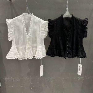 New 2025 White Shirt Womens Short Style 100% Flax Heavy Embossing Lace Flower Edge Blouse Fashionable Elegant Casual Wear