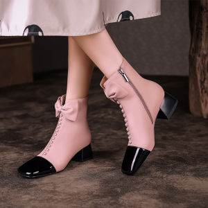 Vibrant Shine Genuine Leather Butterfly Knot Color Block Square Head Short Boots Womens Chunky Heel Pink Pearl Medium Heel