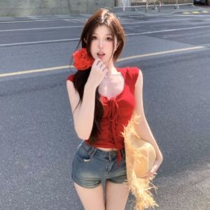 GUZILIAN | Red Short Sleeve T-Shirt Women Summer Design Pure Desire Slim Fit Belted Waist Elegant Beautiful French Style Short Top