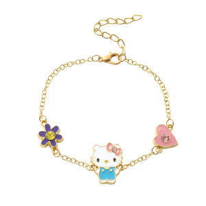 Sanrio | Gold Tone Hello Kitty Charm Bracelet Zinc Alloy with Purple Flower & Pink Heart Charms Adjustable Link Chain for Girls