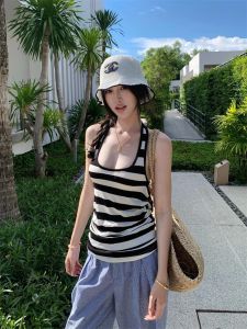 Áo Ba Lỗ Cổ Trễ Kẻ Sọc Đen Trắng Phong Cách Đường Phố Mỹ Dành Cho Nữ Mùa Hè Thiết Kế Gợi Cảm Áo Vest Nữ Pure Desire Hot Bé Gái