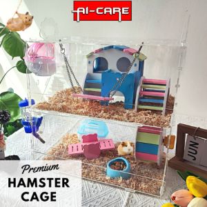 Transparent Premium Hamster Cage Habitats Acrylic Made 3 level with accessories toys modern luxury design bedroom bathroom treadmill runway running wheel hamster and small pet DIY cage with removable parts