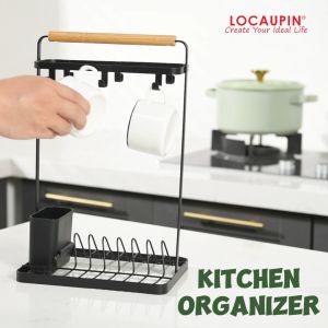 LOCAUPIN Kitchen Dish Rack with Wooden Handle Storage Rack Mug Plates Holder Organizer Multipurpose Plate Drying Storage