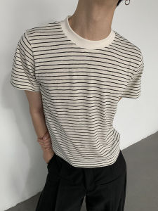 เสื้อยืดคอกลมแขนสั้นลายทางคอตตอนบางสไตล์เกาหลีสำหรับผู้ชายและผู้หญิง MION รสส้มสายชูสีพื้น ทรงหลวม สไตล์ลำลอง