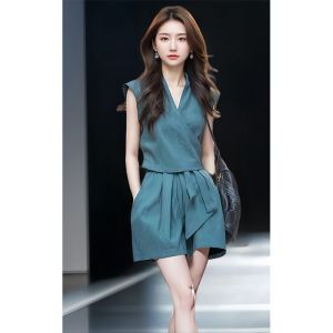 Summer Anti-Aging Luxury Blue Top Shorts Two-Piece Set Womens Fashionable Elegant Style V-Neck Short Sleeve Vest And Pants Set