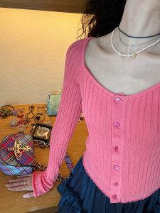 Wild Pink Rose Knitted Sweater Shell Button Sweet Style Long Sleeve One Shoulder Polyester Fiber Pure Color Top for Women