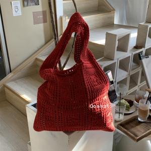 Xiao Fei Fei Vacation Knit Single Shoulder Bag Retro Mesh Hollow Handheld Bag Simple Woven Bag for Daily Use