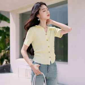 Slim Fit Short Sleeve Knitted Top V-Neck Polo Summer New Arrival Fashionable Shoulder Level Regular Thickness Single Button Closure