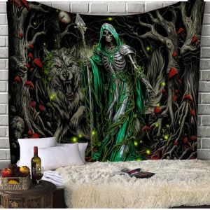 VIKAMA UV Ngọn Lửa Đầu Lâu Ảo Giác Bầu Trời Đầy Sao Gothic Tấm Thảm Treo Tường Thẩm Mỹ Phòng Ngủ Ký Túc Xá Trang Trí Tiệc Sợi Polyester