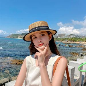 Straw Hat Womens Summer Beach Seaside Vacation Sun Hat Sun Protection Sun Hat Top Hat Small Head Circumference Flat Straw Hat