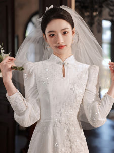 Retro Wind Qipao Wedding Dress for Women High-End Chinese Style Altered Collar Registered White Marriage Gown Skirt