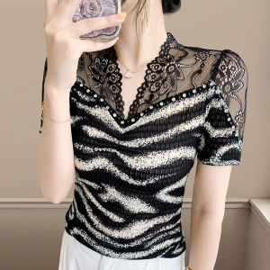 Yimei Áo thun lưới cổ áo ren BV phối cảnh ngắn tay lưới mới áo áo sọc mỏng Áo sơ mi mặc trong hợp thời trang Thiết kế thời trang và thanh lịch cho nữ