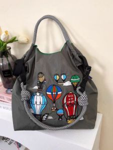 Eco-Friendly Embroidered Nylon Crossbody Bag Large Capacity Shopping Travel Womens Bag Korean Style Ball Chain Handbag