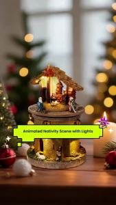 Animated Christmas Village Nativity Scene with Holy Family Rotating Manger Figurine Religious Songs And Lights Indoor Decoration