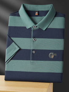 Silk-Matted Pique Cotton Short Sleeve T-Shirt Mens Embroidered Polo Shirt Summer Stripes High-End Dad Clothes New 2025