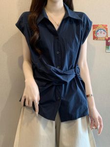 SHIMANQING | Irregular Belted Slim Polo Neck Short Sleeve Summer Blouse