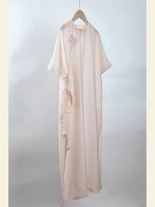 New Summer Chinese Style Reformed Cheongsam Dress Pastel Pink Button up Skirt Fit And Flare Korean Commute Short Sleeve round Neck