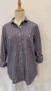 Hàng si Nhật_Áo sơ mi nữ sọc dọc xanh đậm phối hồng tay dài form cơ bản size L