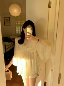 Wang Han Yan Summer New Style Womens Blouse with Sash Chiffon Design Sleeveless V-neck Regular Length Commute Simple Style