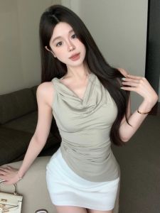 GUZILIAN | เสื้อกั๊กสั้นทรงสลิมฟิตสำหรับผู้หญิงในช่วงฤดูร้อน เสื้อยืดแขนกุดคอวีแบบสวมสองทาง ดีไซน์ไม่สมมาตร ช่วงเอว ทรงหลวม สำหรับใส่ไปทำงาน