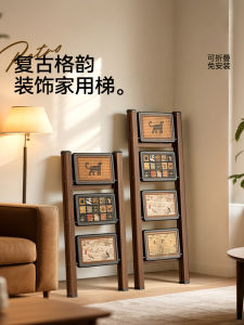 บันไดไม้ Meisda พื้นผิว ขั้น พับเก็บได้ แบบวินเทจ ขนาดเล็ก ใช้ในบ้าน โครงเหล็กแบบพกพา พร้อมตัวล็อคนิรภัย