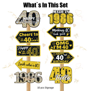 40th Birthday Party Photo Booth Props Black Gold Glitter 1986 Vintage Sign Cheer to 40 Years Adult Birthday Decorations Supplies