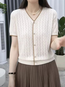 WANGGONGZHU | Princess Style Ice Silk Knitted Short Sleeve T-Shirt V-Neck Hollow Out Loose Fit Summer Fashionable Womens Top Thin Design