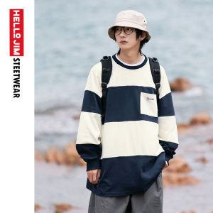 HELLO JIM Oversize Long Sleeve Tshirt For Men 2022 New Style Loose Stripe Sweatshirt 100% Cotton Men Korean Top  JA3726
