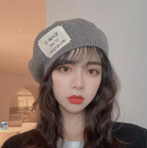 Cashmere Knitted Beret Hat Women Autumn Winter Painter Cap Large Head Size Small Face Grey Woolen Thread Hat Casual Style