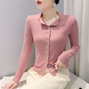 Yimei đầu thu Áo Sơ Mi Cotton Cổ Chữ V lá sen mới Áo cardigan nút lên màu hồng 2024 áo dài tay nữ thanh lịch