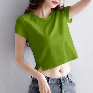 Fashionable Black Short Sleeve T-Shirt Women Summer High Waist Crop Top Half Sleeve Cotton Blend Comfortable Fit round Neck