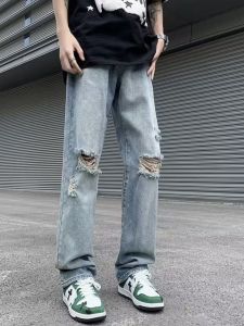 Retro Tattered Jeans American High Street Vibe Style Men Fashion Brands Handsome Loose Denim Wide Leg Stylish Long Pants
